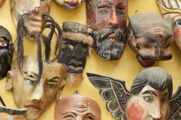 Framed Print : South America, Mexico, San Miguel de Allende. Close-up of masks on display in shop Framed Print : South America, Mexico, San Miguel de Allende. Close-up of masks on display in shop