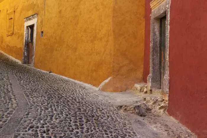 Framed Print : South America, Mexico, San Miguel de Allende. Painted buildings on cobblestone street Framed Print : South America, Mexico, San Miguel de Allende. Painted buildings on cobblestone street