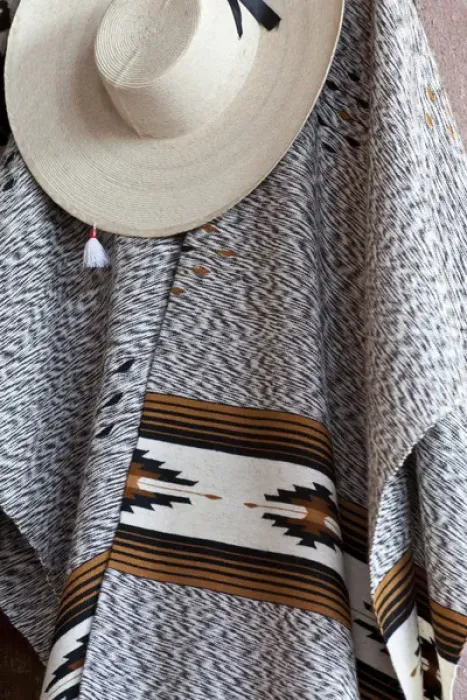 Framed Print : South America, Mexico, San Miguel de Allende. Close-up of hat and serape. Credit as