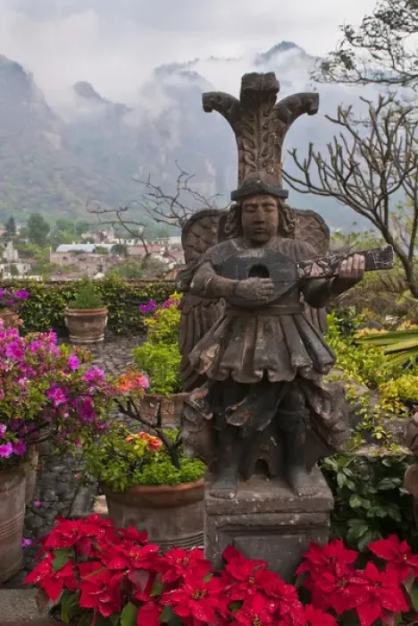 Framed Print : South America, Mexico, Tepoztlan. Flower pots in garden with statue. Credit as: Nancy Framed Print : South America, Mexico, Tepoztlan. Flower pots in garden with statue. Credit as: Nancy