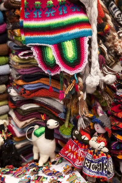 South America, Peru, Aguas Calientes. Traditional, colorful Peruvian hats and souvenirs for sale