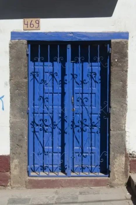 Framed Print : South America - Peru. Blue residential door in Cusco Framed Print : South America - Peru. Blue residential door in Cusco