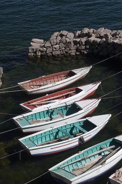 South America - Peru. Boats in harbor at Taquile Island on Lake Titicaca