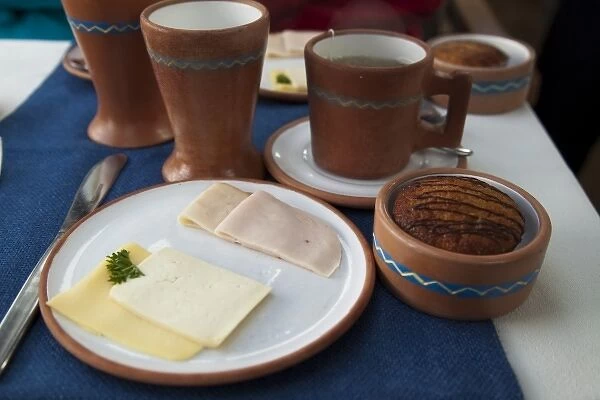 South America, Peru. Close-up of breakfast is served on the Perurail train. (UNESCO
