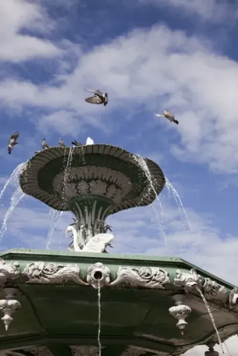 Framed Print : South America, Peru, Cuzco. Birds fly around the fountain in the center of the square Framed Print : South America, Peru, Cuzco. Birds fly around the fountain in the center of the square