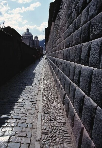South America, Peru, Cuzco. These careful patterns of stone intersect at the Inca Wall in Cuzco