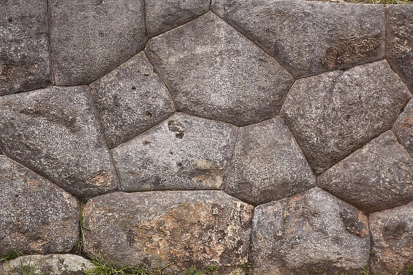 South America, Peru, Cuzco. Details of an Inca stone wall at Fort Sacsayhuaman ruins