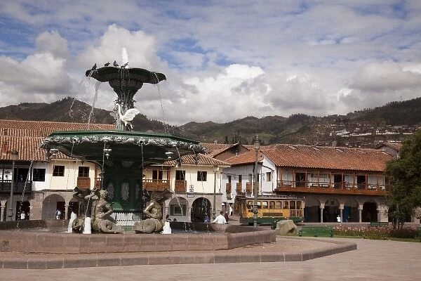 South America, Peru, Cuzco. The fountain in the center of the square. (UNESCO World