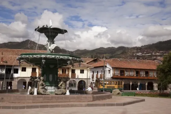 Framed Print : South America, Peru, Cuzco. The fountain in the center of the square. (UNESCO World Framed Print : South America, Peru, Cuzco. The fountain in the center of the square. (UNESCO World