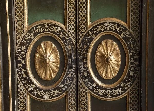 South America, Peru, Historic Centre of Lima. Close-up of a pair of gold leaf doors