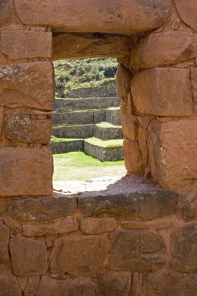 South America - Peru. Inca site of Tipon with terracing and irrigation system lies