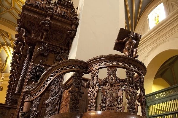 South America, Peru, Lima, Historic Centre. Carved wooden pulpit in the Basilica Cathedral