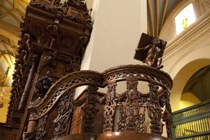 Framed Print : South America, Peru, Lima, Historic Centre. Carved wooden pulpit in the Basilica Cathedral Framed Print : South America, Peru, Lima, Historic Centre. Carved wooden pulpit in the Basilica Cathedral
