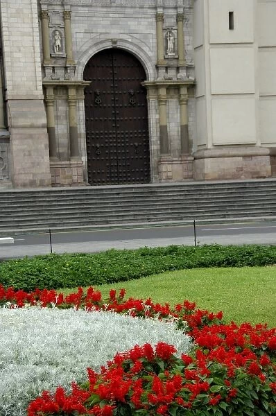 South America, Peru, Lima. Historical Plaza de Armas (aka Plaza Mayor). Lima Cathedral