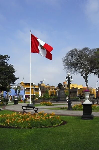 South America, Peru, Lima. Small town square in front of the National Museum of Archaeology