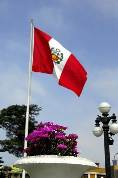 South America, Peru, Lima. Town square with flag in front of the National Museum