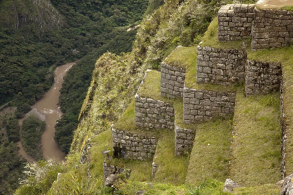 South America, Peru, Machu Picchu. Agricultural terraces on a steep slope above the Urubamba River