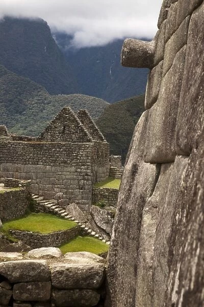 South America, Peru, Machu Picchu. Stone wall and house ruins. (UNESCO World Heritage