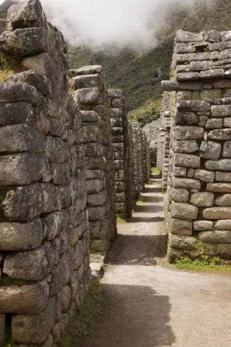 Framed Print : South America, Peru, Machu Picchu. Looking down a row of stone house ruins. (UNESCO Framed Print : South America, Peru, Machu Picchu. Looking down a row of stone house ruins. (UNESCO