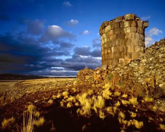 Framed Print : South America, Peru, near Lake Titicaca. Ancient Inca tomb at sunset. Credit as