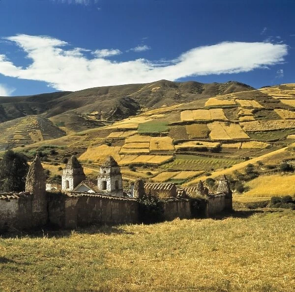 South America, Peru, Tarma. Beautiful farm land fills the valley near Tarma in the