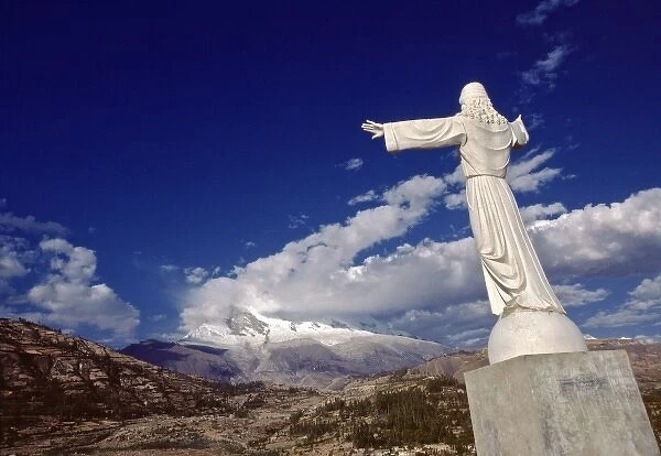 South America, Peru, Yungay. A huge statue of Christ, marks the site of the 1970