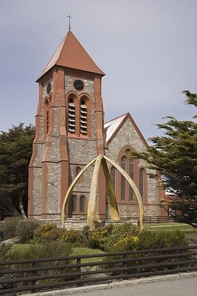 South Atlantic, Falkland Islands, Stanley. A whale bone arch in front of Christ Church Cathedral