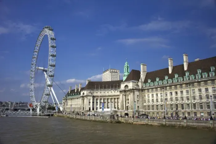Framed Print : The South Bank of London showing the London Eye and County Hall along the Thames