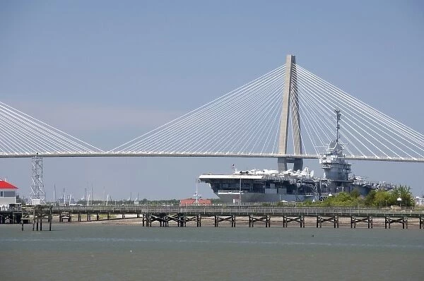 South Carolina, Charleston. Ravenel Bridge and Yorktown aircraft carrier, now museum