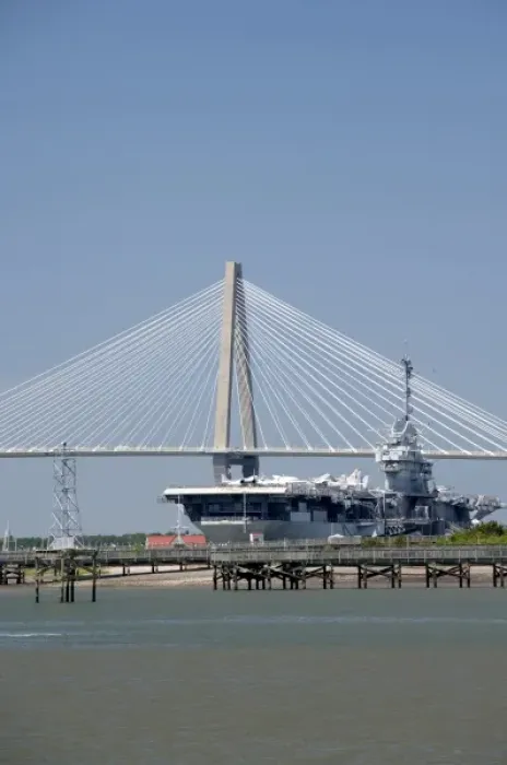 Framed Print : South Carolina, Charleston. Ravenel Bridge and Yorktown aircraft carrier, now museum