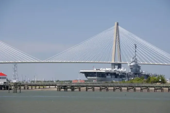Framed Print : South Carolina, Charleston. Ravenel Bridge and Yorktown aircraft carrier, now museum Framed Print : South Carolina, Charleston. Ravenel Bridge and Yorktown aircraft carrier, now museum