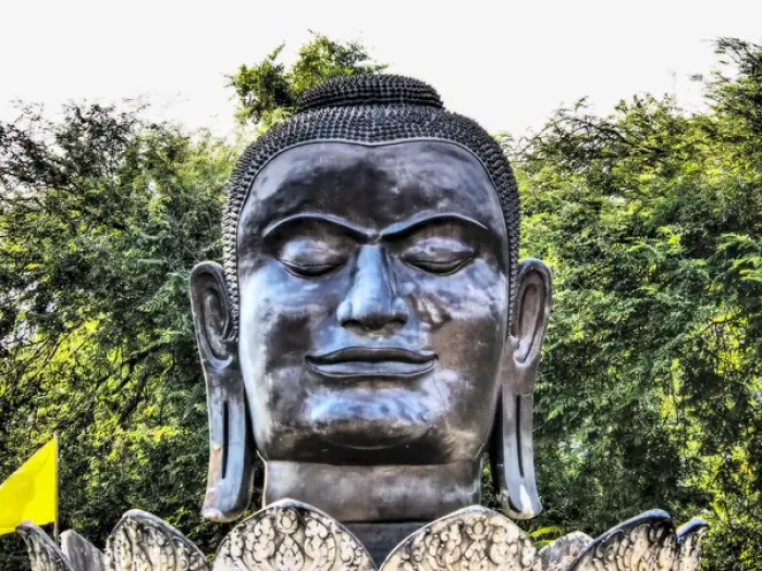 Framed Print : South East Asia, Thailand; Ayutthaya; The giant head of the black Buddha in the Lotus