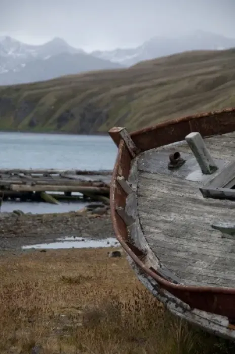 Framed Print : South Georgia Island. Grytviken whaling station, King Edward Cove. Old whaling boat