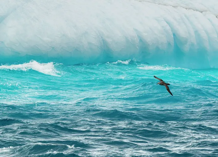 Framed Print : South Georgia Island. Iceberg and giant petrel flies low over the waves Framed Print : South Georgia Island. Iceberg and giant petrel flies low over the waves