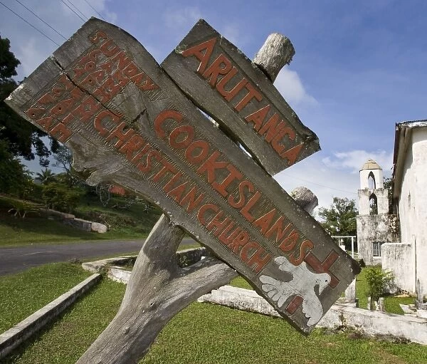 South Pacific, Cook Islands, Aitutaki. Close-up of sign for Cook Islands Christian Church