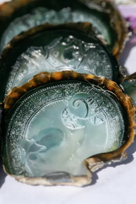 Framed Print : South Pacific, French Polynesia, Gambier Islands, Island of Mangareva, Rikitea. Traditionally carved oyster shell