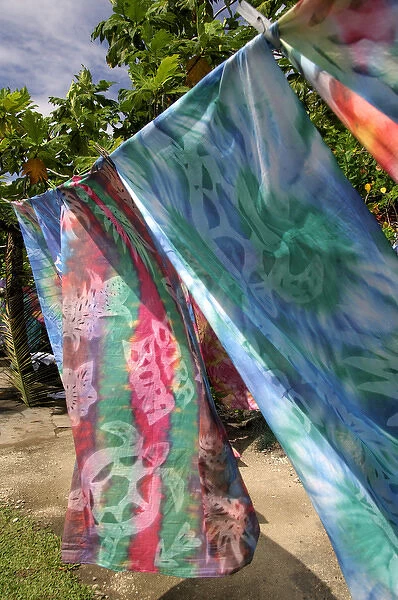 South Pacific, French Polynesia, Society Islands, Bora Bora. Hand colored batik sarongs