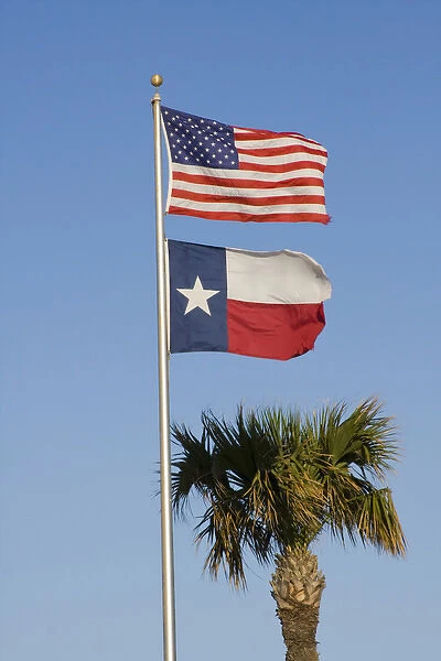 South Padre Island, Texas, North America, USA. United States and Texas Flags Beside