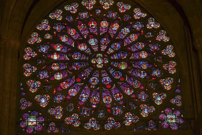 Framed Print : South Rose Window, Jesus and Disciples stained glass, Notre Dame Cathedral, Paris, France