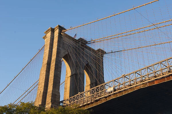 The south tower of the iconic Brooklyn Bridge, New York City, New York