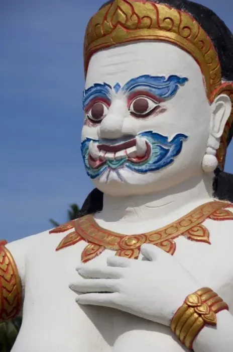 Framed Print : Southeast Thailand, Ko Samui (aka Koh Samui). Statue of mythical god along the coast of Fan Island