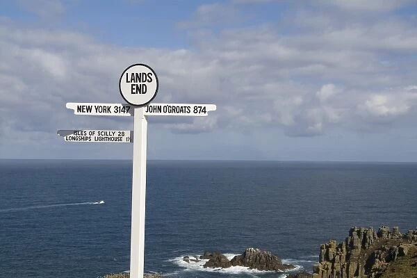 Southernmost tip of England Lands End in Cornwall sign of distances on cliff