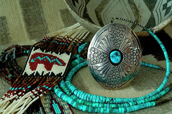Southwest, American Indian art & handicrafts. Navajo blanket, beadwork, turquoise necklace