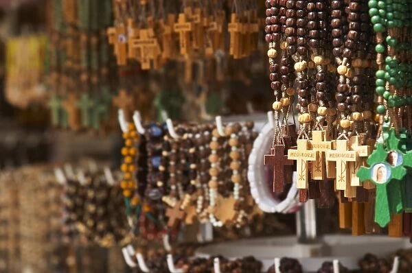 Souvenirs for pilgrims, rosary beads, with crosses with the name Medugorje, near Mostar