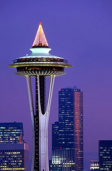 Space Needle; Christmas lights; decoration; holidays; seasonal; Seattle, Washington