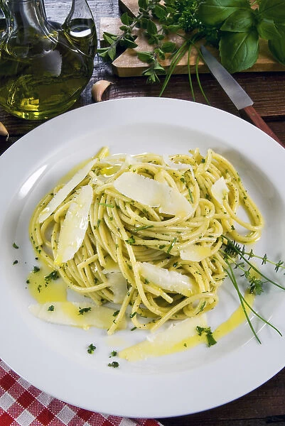 Spaghetti with herbs: rosemary, thyme, oregano, chive and parmesan shavings