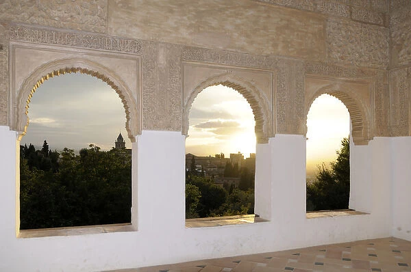 Spain, Andalusia, Granada. Arched windows in the Patio de la Acequia - Generalife