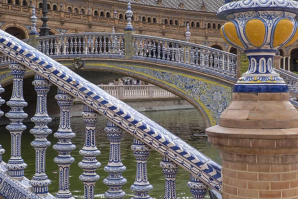 Spain, Andalusia, Seville. The elaborately and traditionally decorated Plaza de Espana