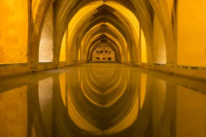Framed Print : Spain, Andalusia, Seville. The repeating arches of the interior of the baths reflect Framed Print : Spain, Andalusia, Seville. The repeating arches of the interior of the baths reflect