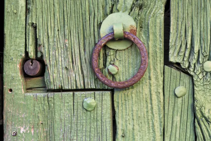 Framed Print : Spain, Balearic Islands, Mallorca. Esporles door and iron handles and lock